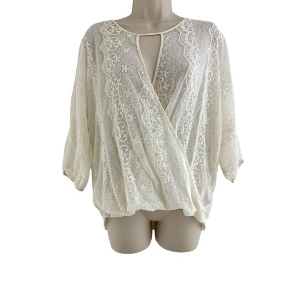 Ivory Lace Sheer Top Blouse Shirt Boho Dolman Size M Peasant Anthropologie Creme - Picture 1 of 8